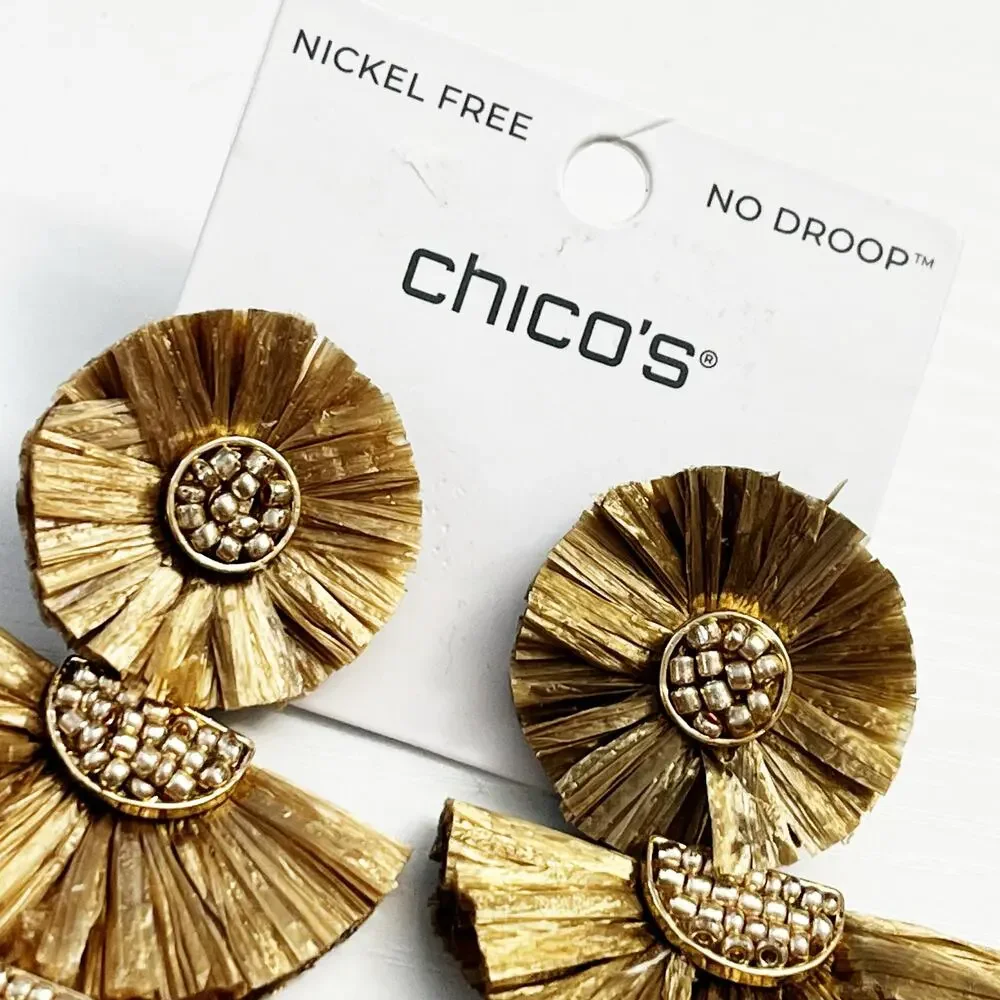 NEW Chico's Gold Raffia Tiered Earrings No Droop